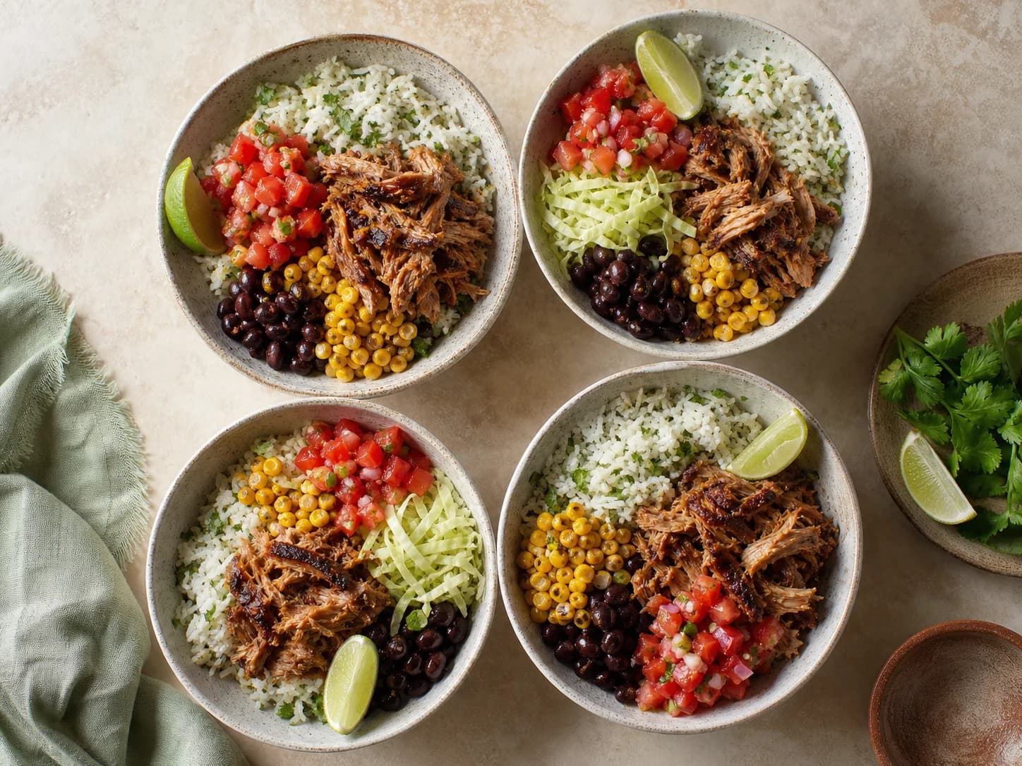 Overhead view of pulled pork taco bowls, served as a family dinner.