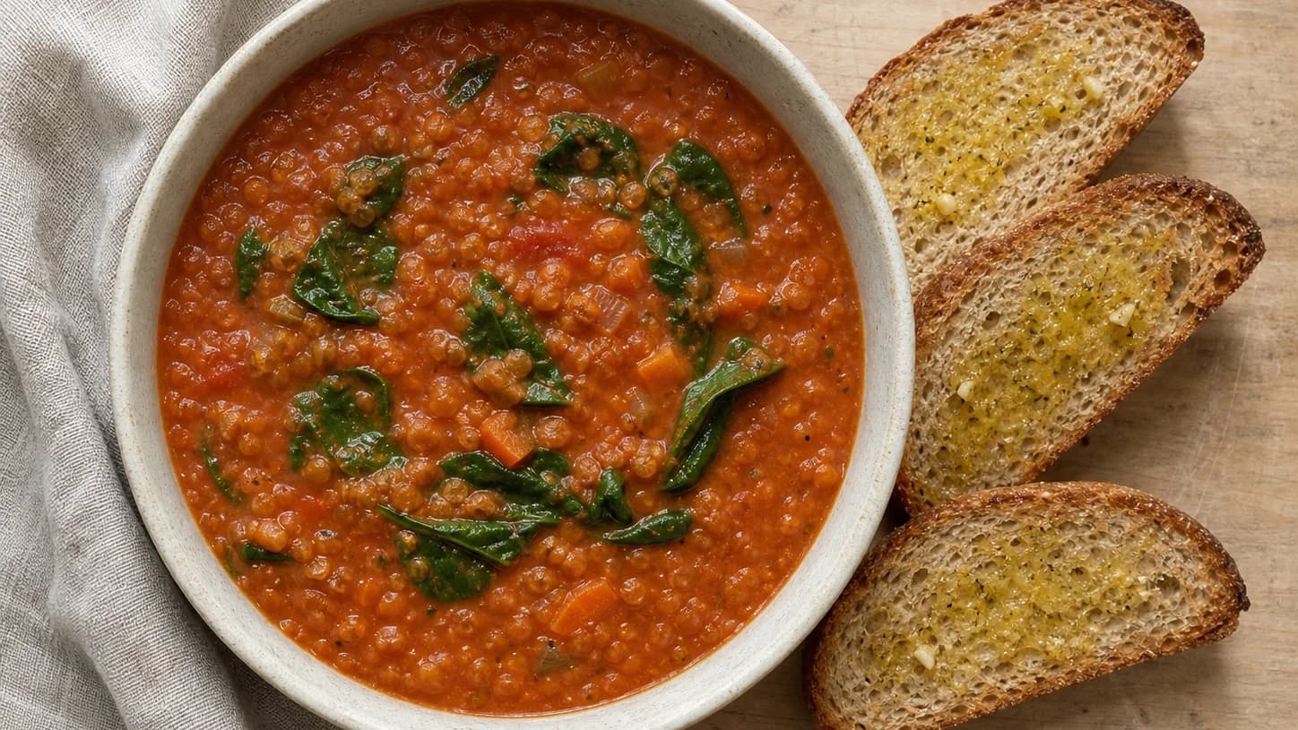 Overhead view of red-lentil tomato soup & garlic toast, served as a family dinner.