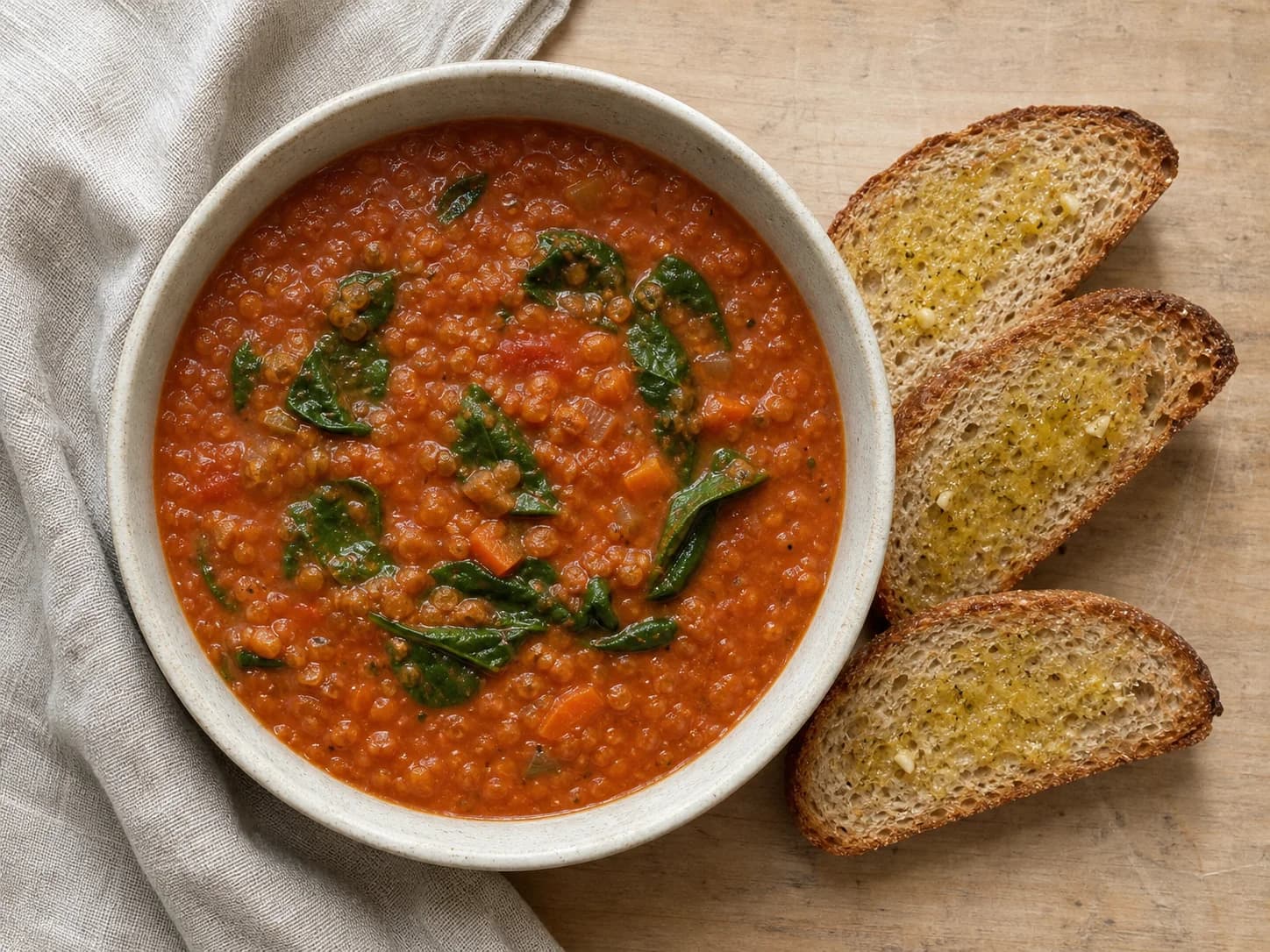 Overhead view of red-lentil tomato soup & garlic toast, served as a family dinner.