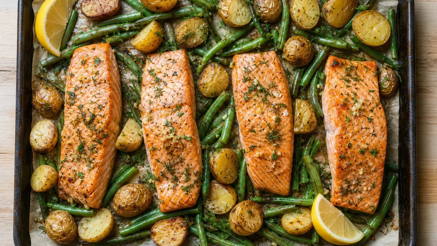 Four roasted salmon fillets with baby potatoes, green beans, lemon and dill on a sheet pan.