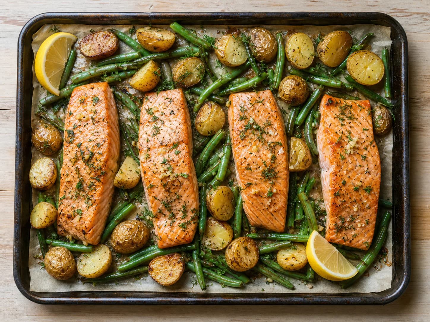 Four roasted salmon fillets with baby potatoes, green beans, lemon and dill on a sheet pan.