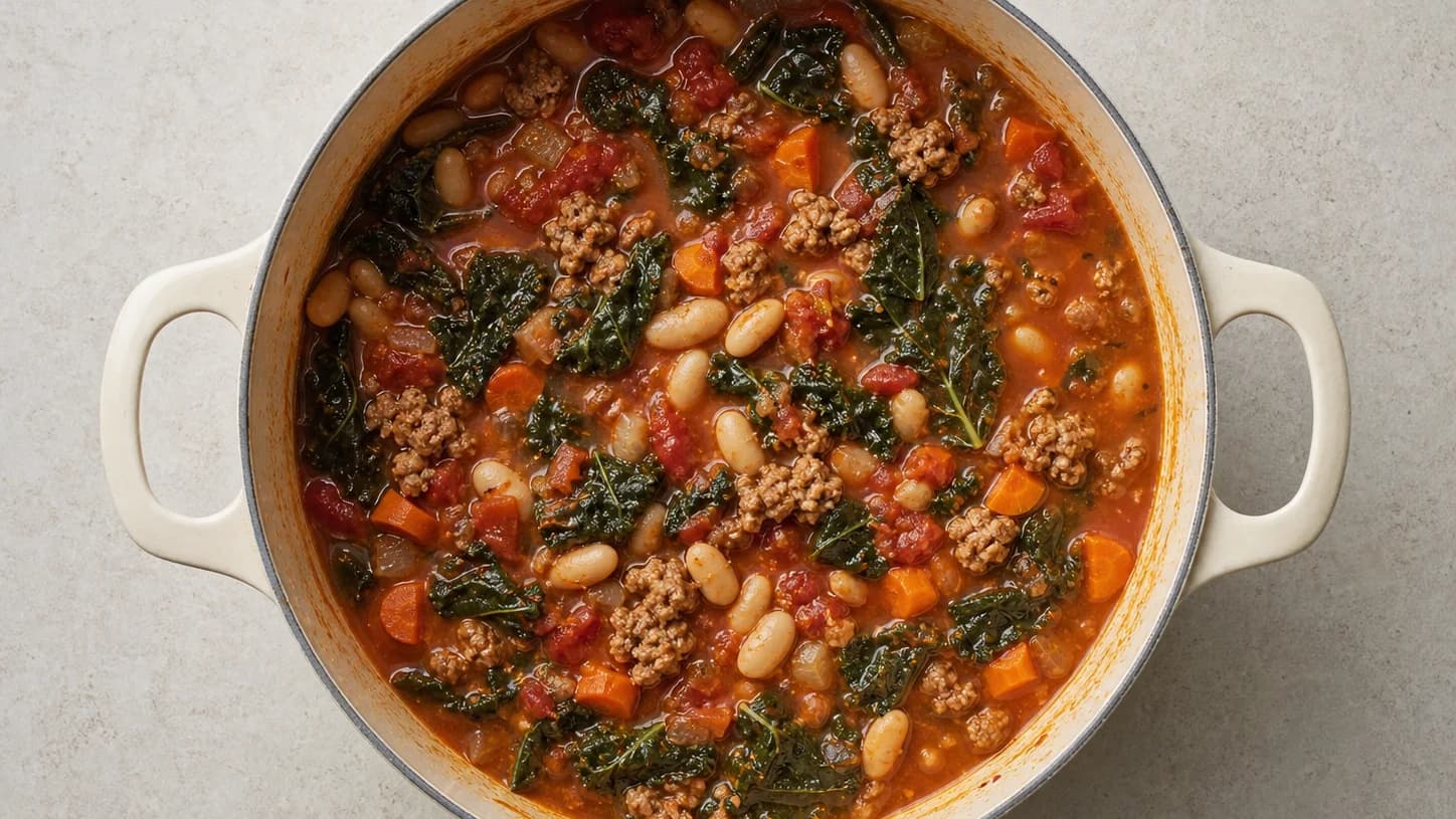 Overhead view of sausage, kale & white-bean soup, served as a family dinner.