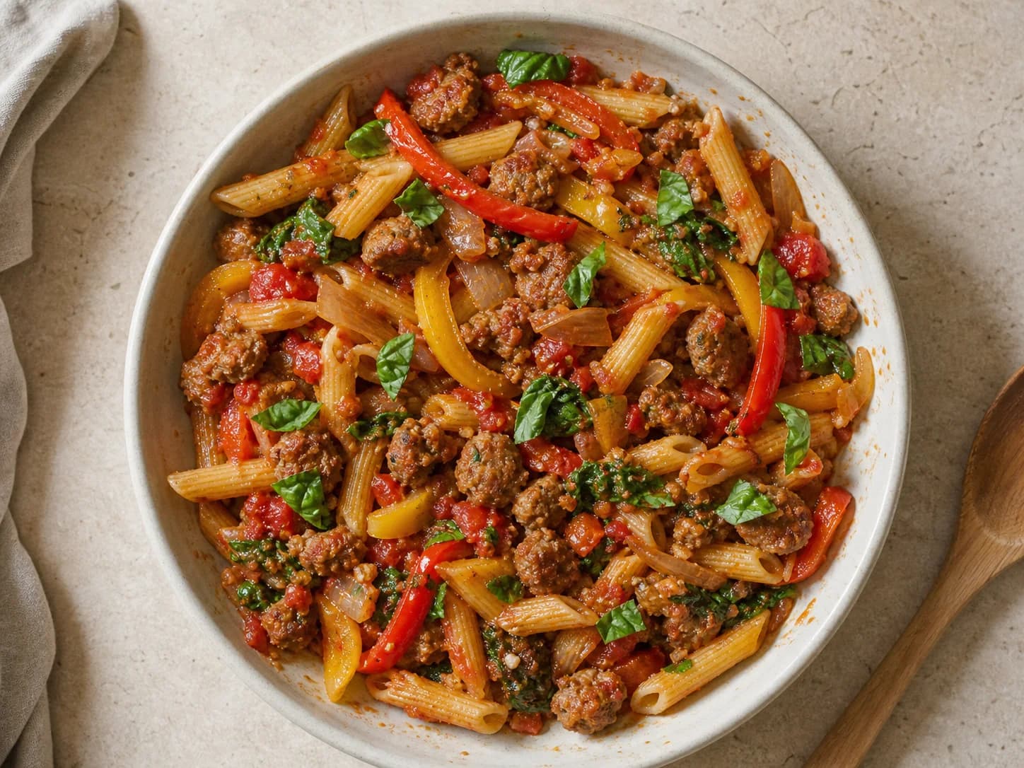 Overhead view of sausage, pepper & tomato pasta, served as a family dinner.