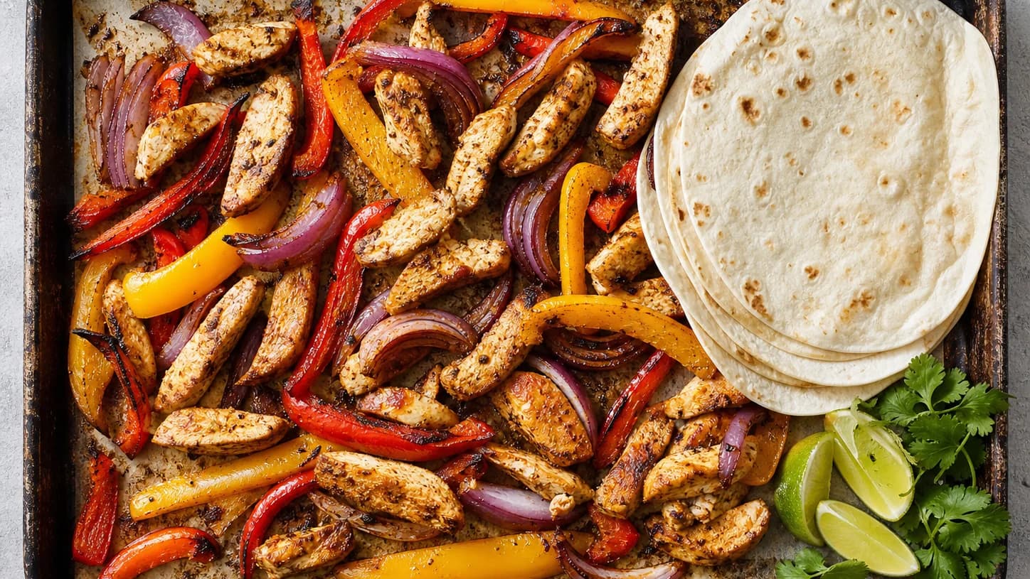 Overhead view of sheet-pan chicken fajitas, served as a family dinner.