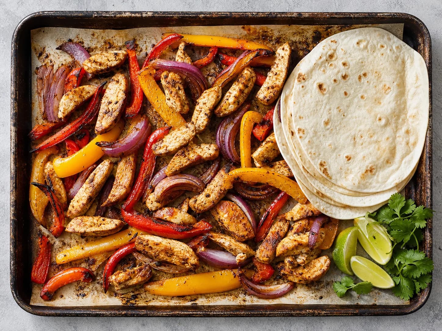 Overhead view of sheet-pan chicken fajitas, served as a family dinner.