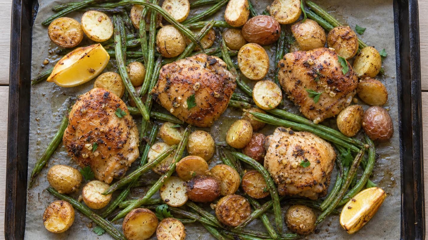 Roasted lemon-herb chicken thighs with baby potatoes and green beans on a sheet pan.