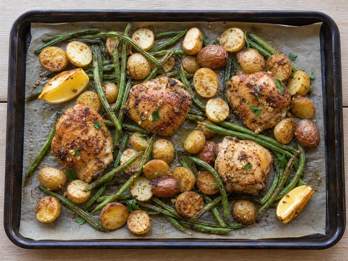 Roasted lemon-herb chicken thighs with baby potatoes and green beans on a sheet pan.