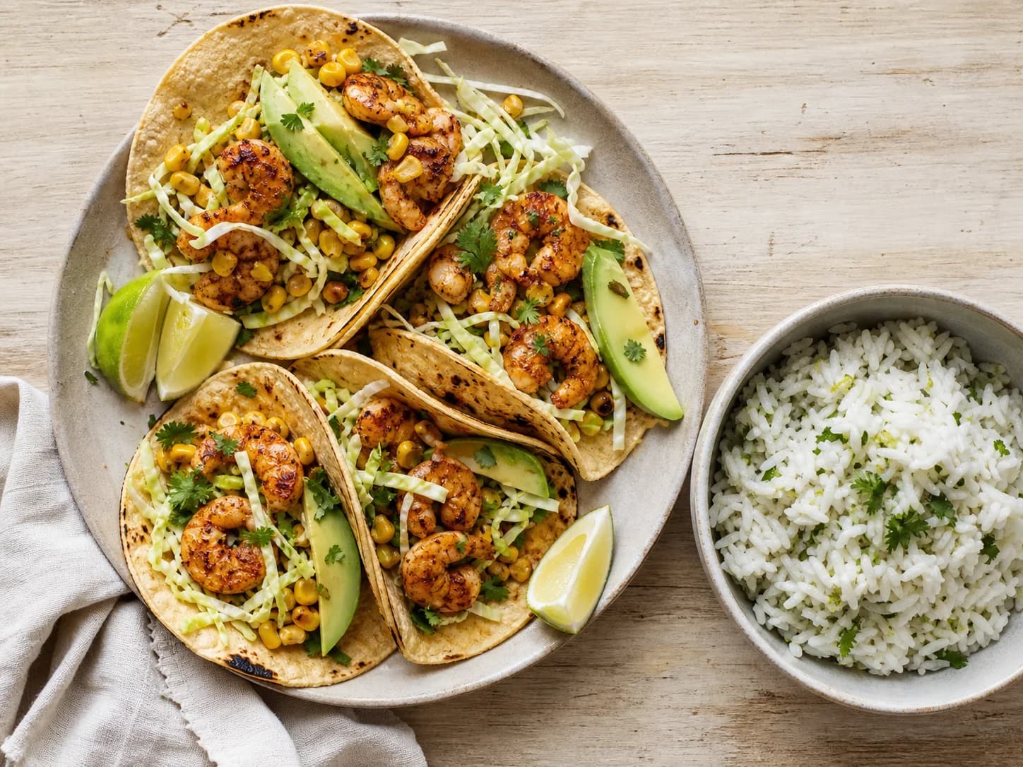 Overhead view of shrimp tacos, cabbage & lime rice, served as a family dinner.