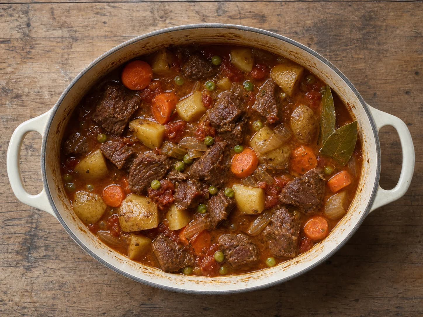Overhead view of slow-cooker beef stew, served as a family dinner.