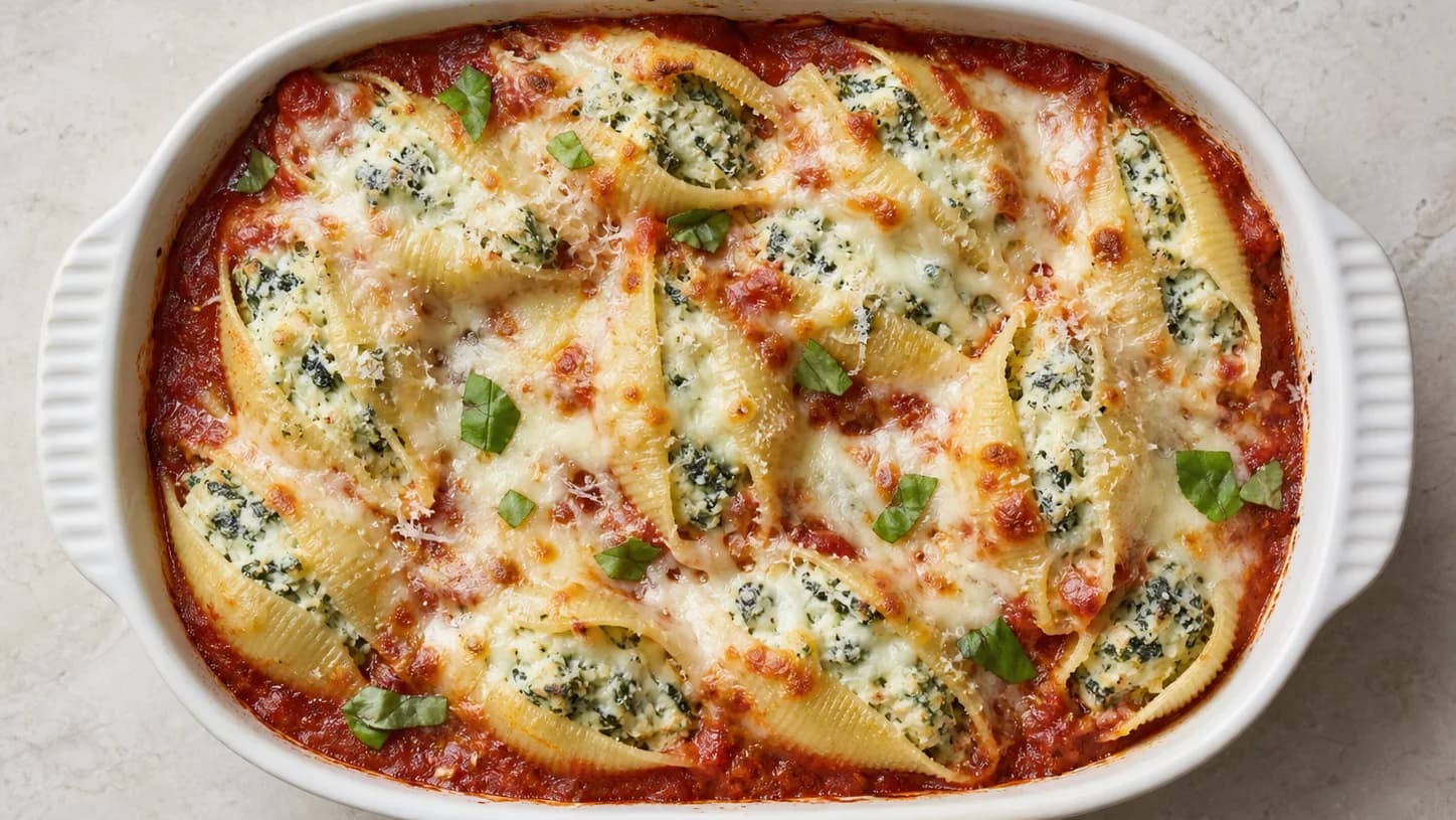 Overhead view of spinach-ricotta stuffed shells, served as a family dinner.