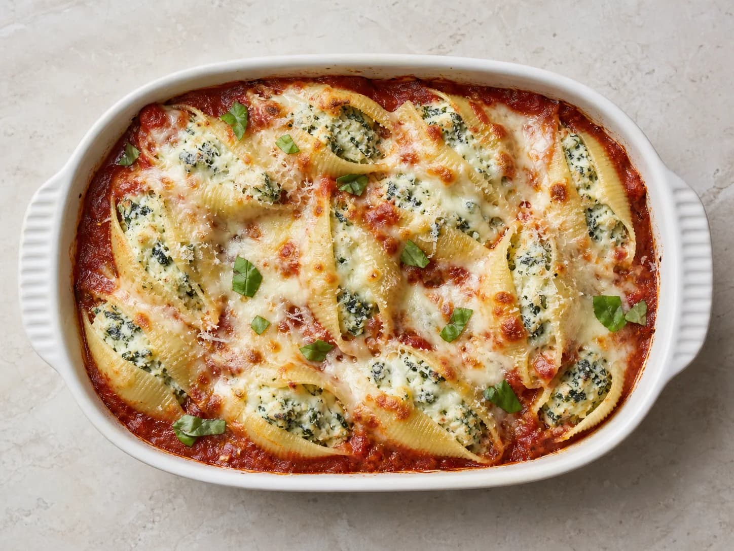 Overhead view of spinach-ricotta stuffed shells, served as a family dinner.