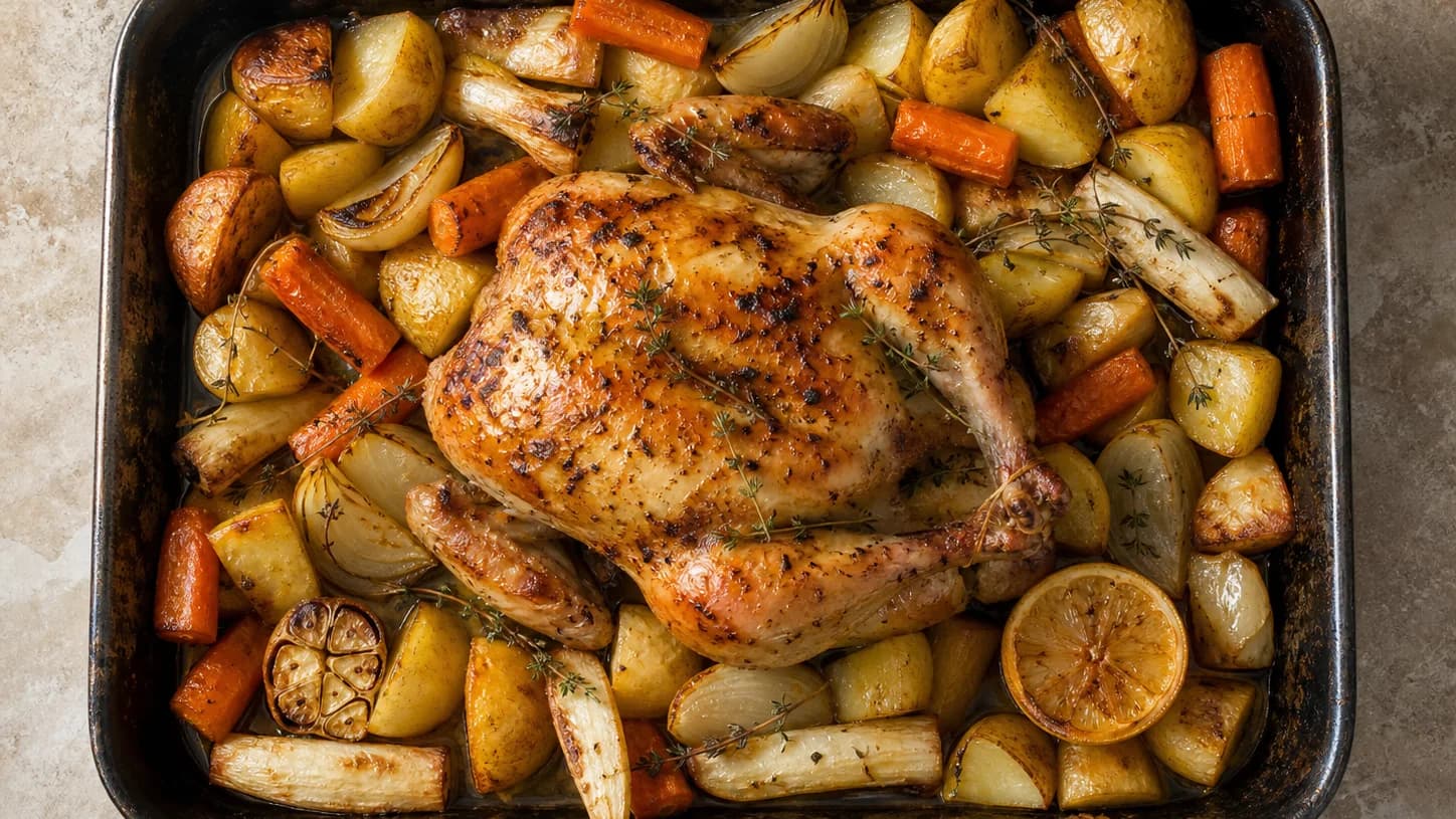 Overhead view of sunday roast chicken, roots & pan juices, served as a family dinner.