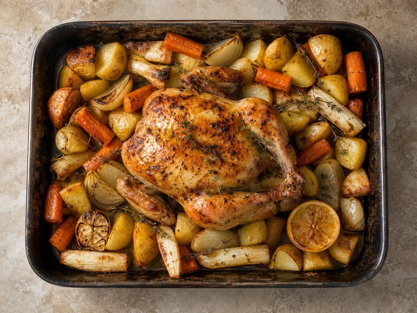 Overhead view of sunday roast chicken, roots & pan juices, served as a family dinner.