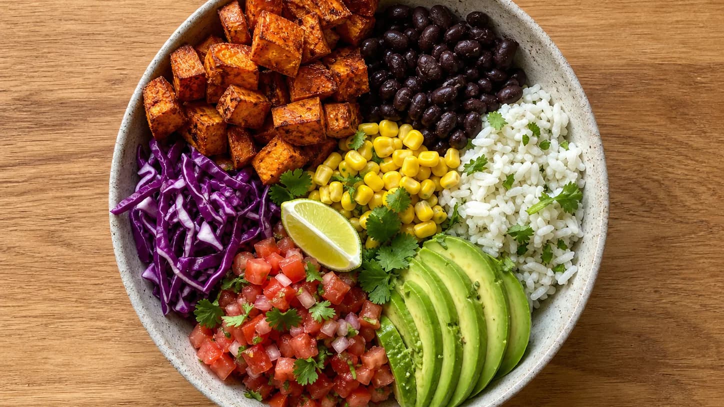 Taco bowl with roasted sweet potatoes, black beans, rice, corn, cabbage, pico and avocado.