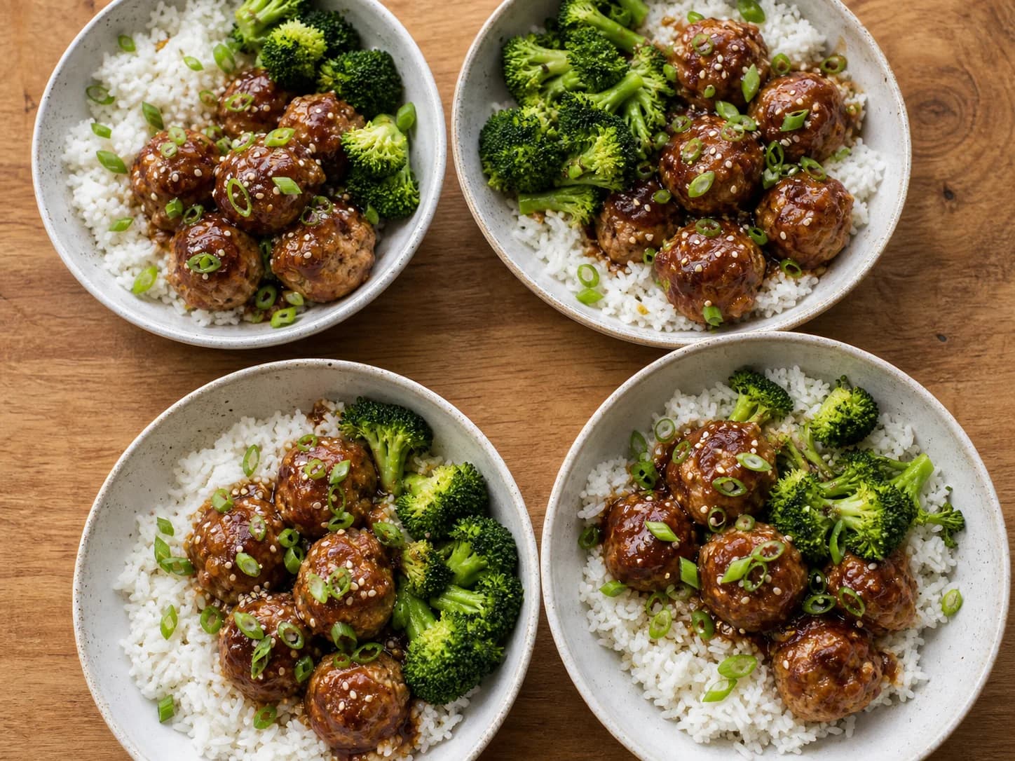 Overhead view of teriyaki turkey meatballs, rice & broccoli, served as a family dinner.