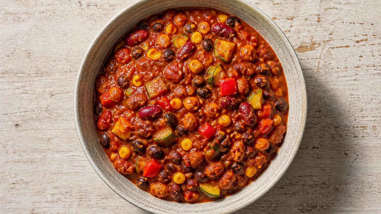 Overhead view of three-bean vegetable chili, served as a family dinner.