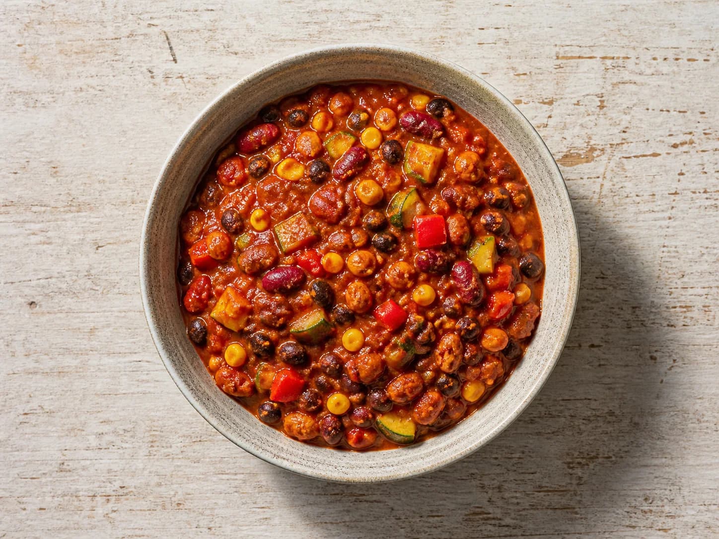 Overhead view of three-bean vegetable chili, served as a family dinner.