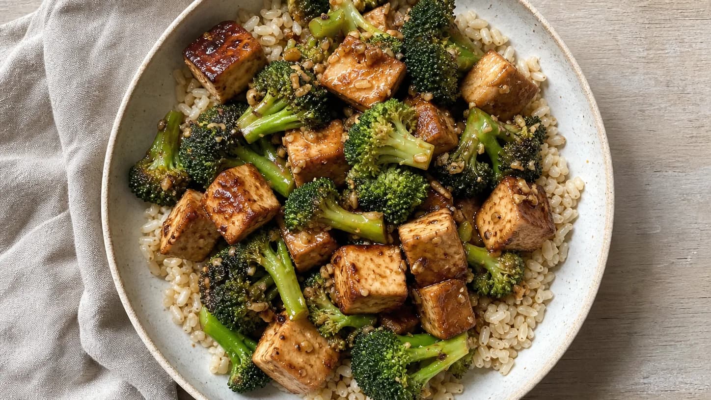 Overhead view of tofu-broccoli stir-fry & rice, served as a family dinner.