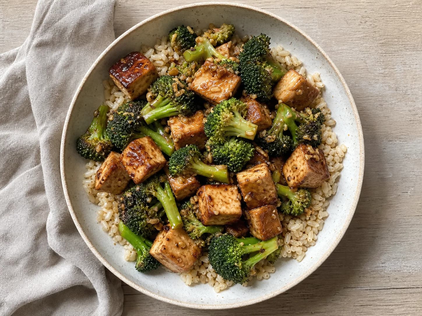 Overhead view of tofu-broccoli stir-fry & rice, served as a family dinner.