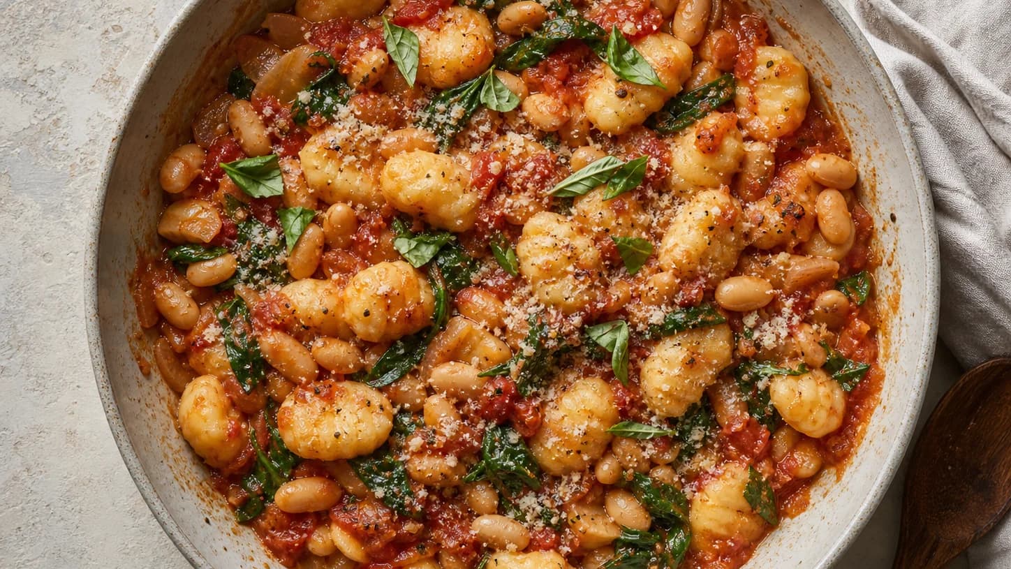 Overhead view of tomato-basil gnocchi & white beans, served as a family dinner.
