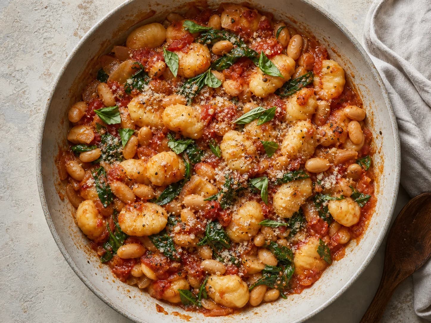 Overhead view of tomato-basil gnocchi & white beans, served as a family dinner.