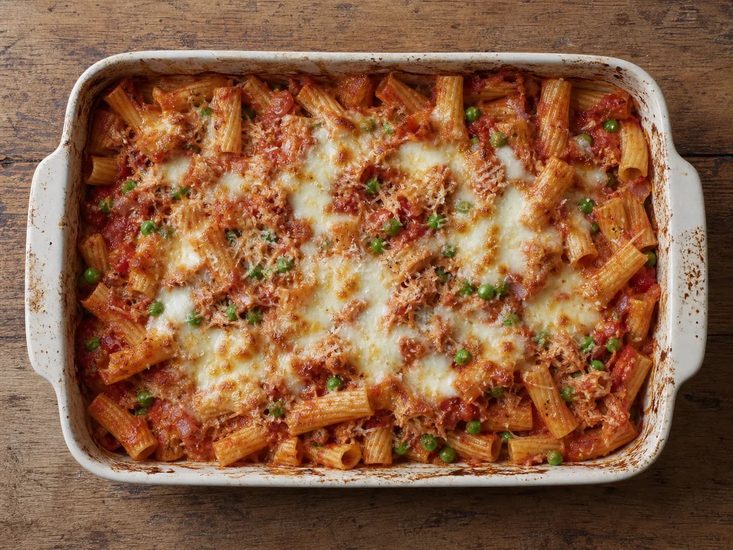 Overhead view of tuna tomato pasta bake, served as a family dinner.