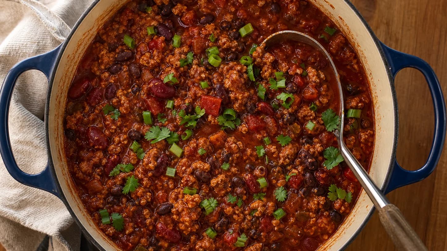 Overhead view of turkey & bean chili, served as a family dinner.