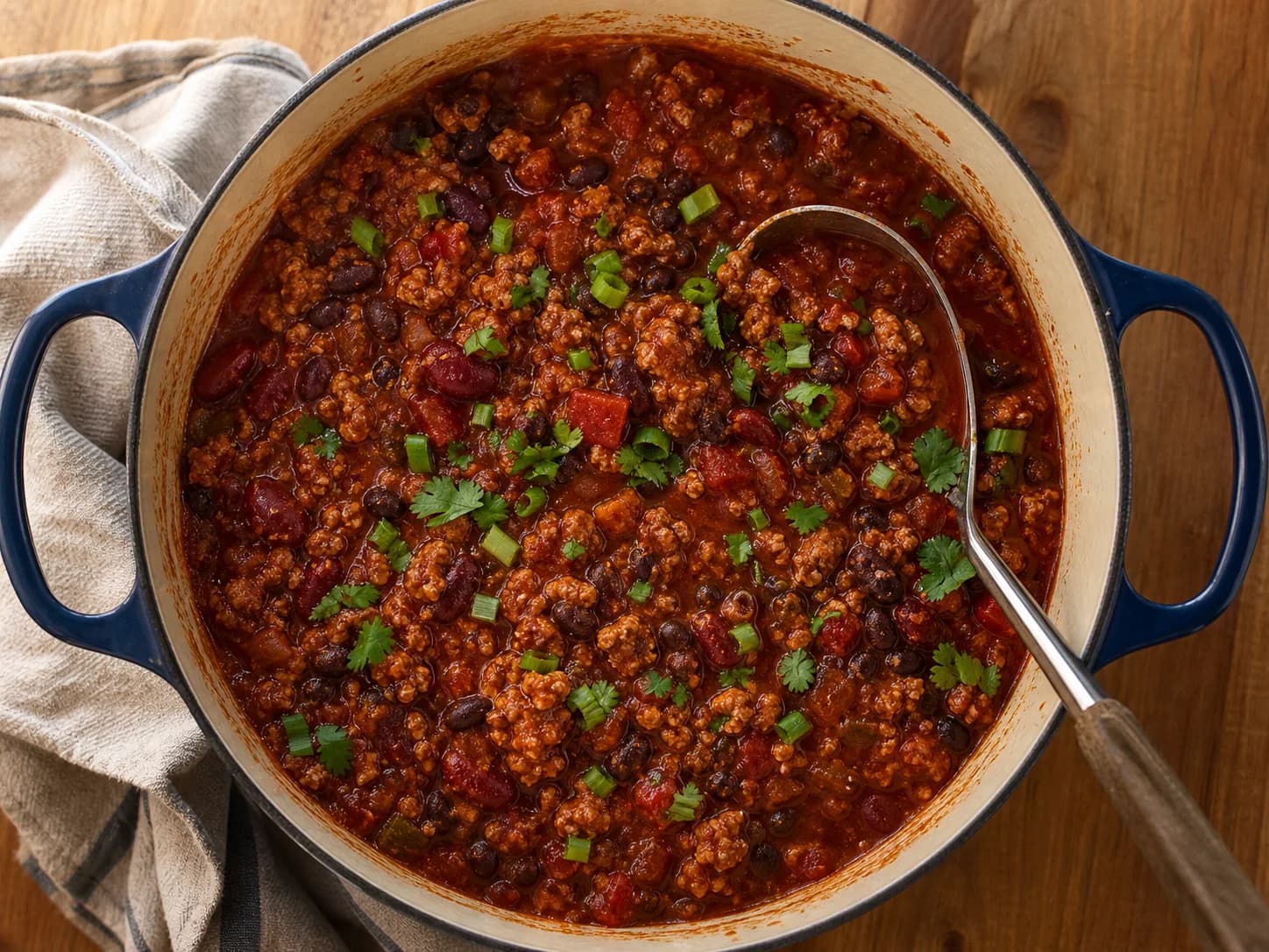 Overhead view of turkey & bean chili, served as a family dinner.