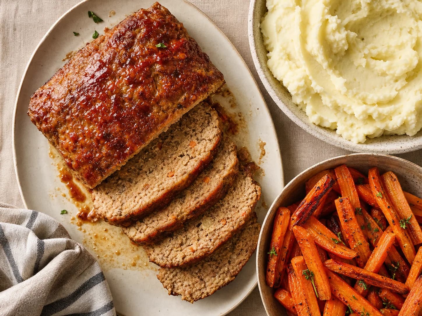 Overhead view of turkey meatloaf, mash & carrots, served as a family dinner.