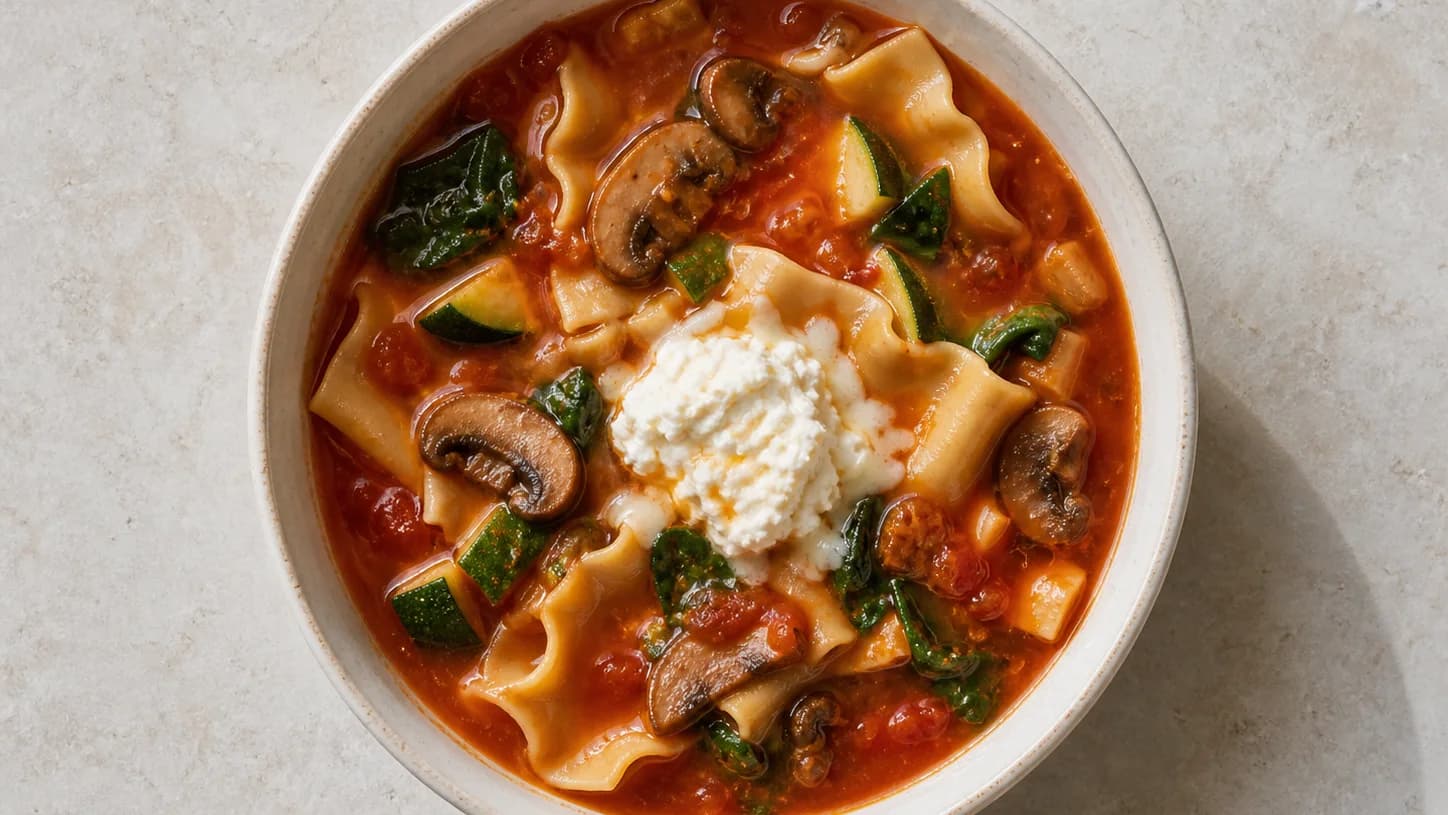 Overhead view of vegetable lasagna soup, served as a family dinner.
