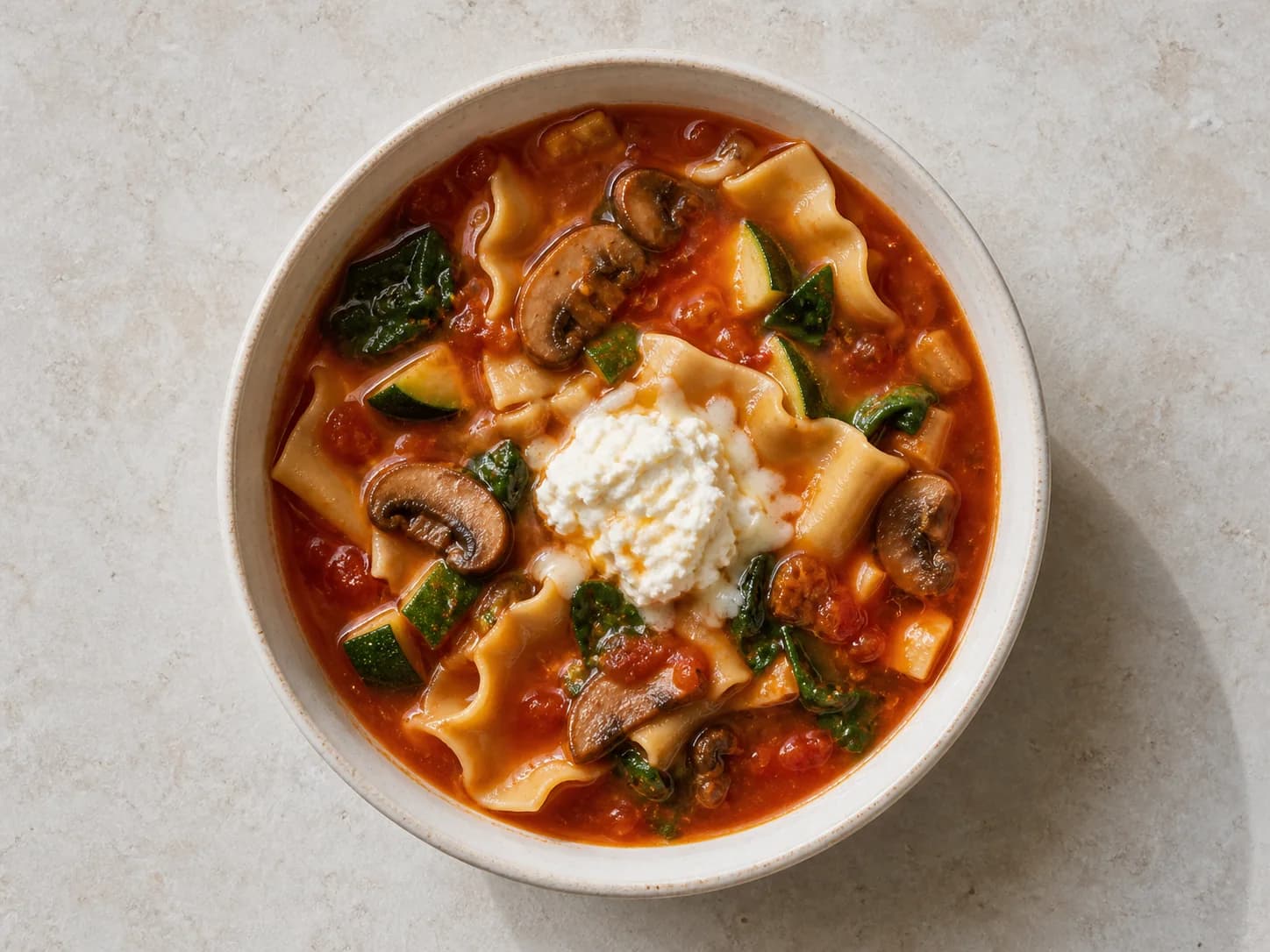 Overhead view of vegetable lasagna soup, served as a family dinner.