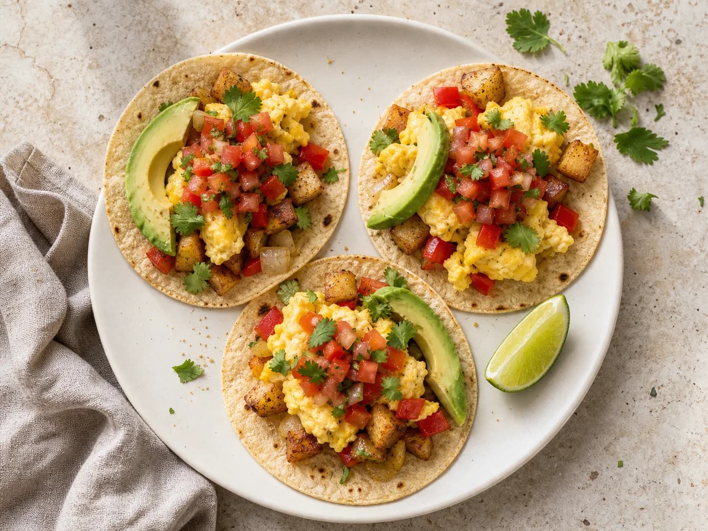 Overhead view of veggie breakfast tacos with eggs & potatoes, served as a family dinner.