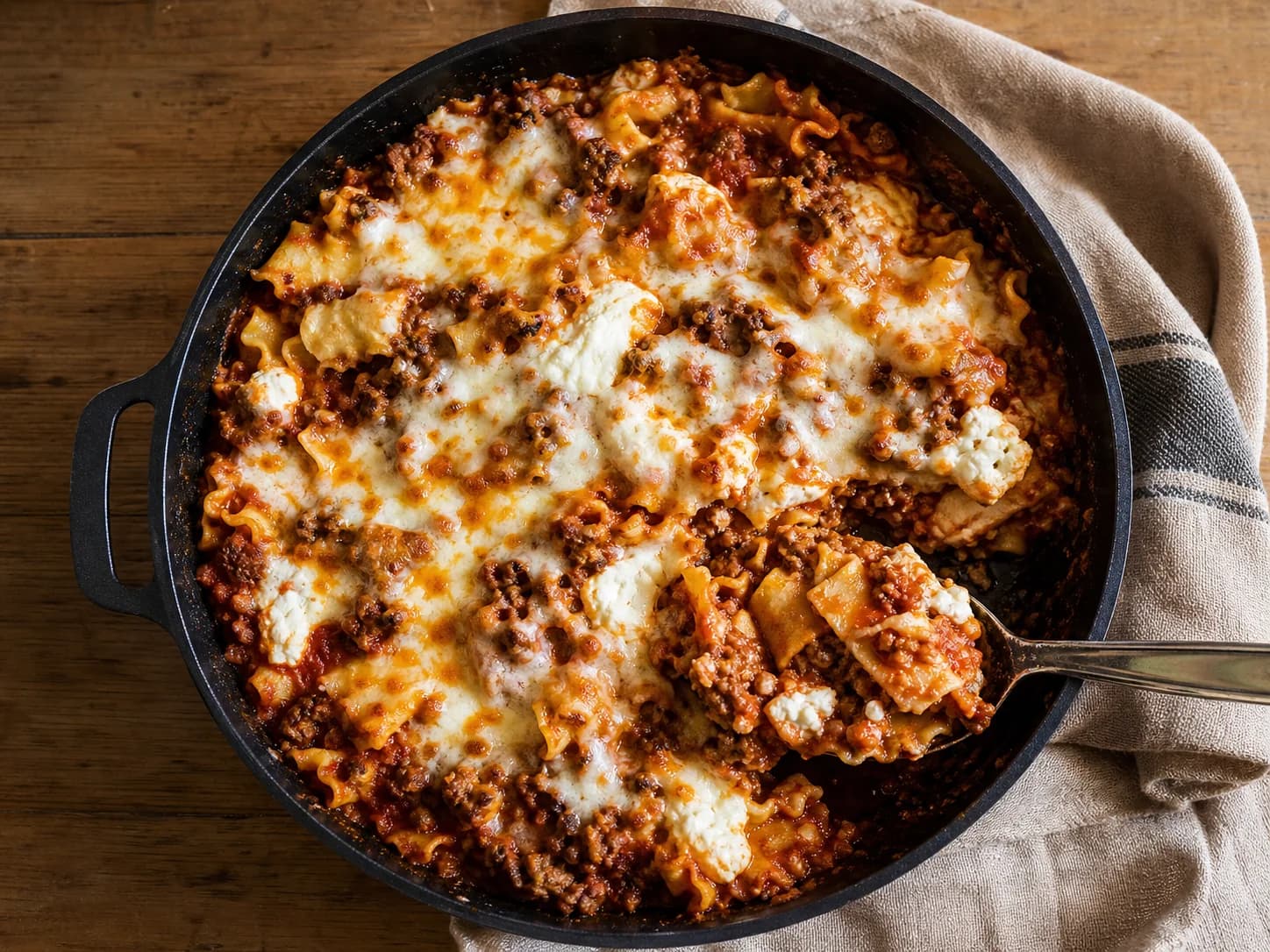 Overhead view of weeknight beef lasagna skillet, served as a family dinner.