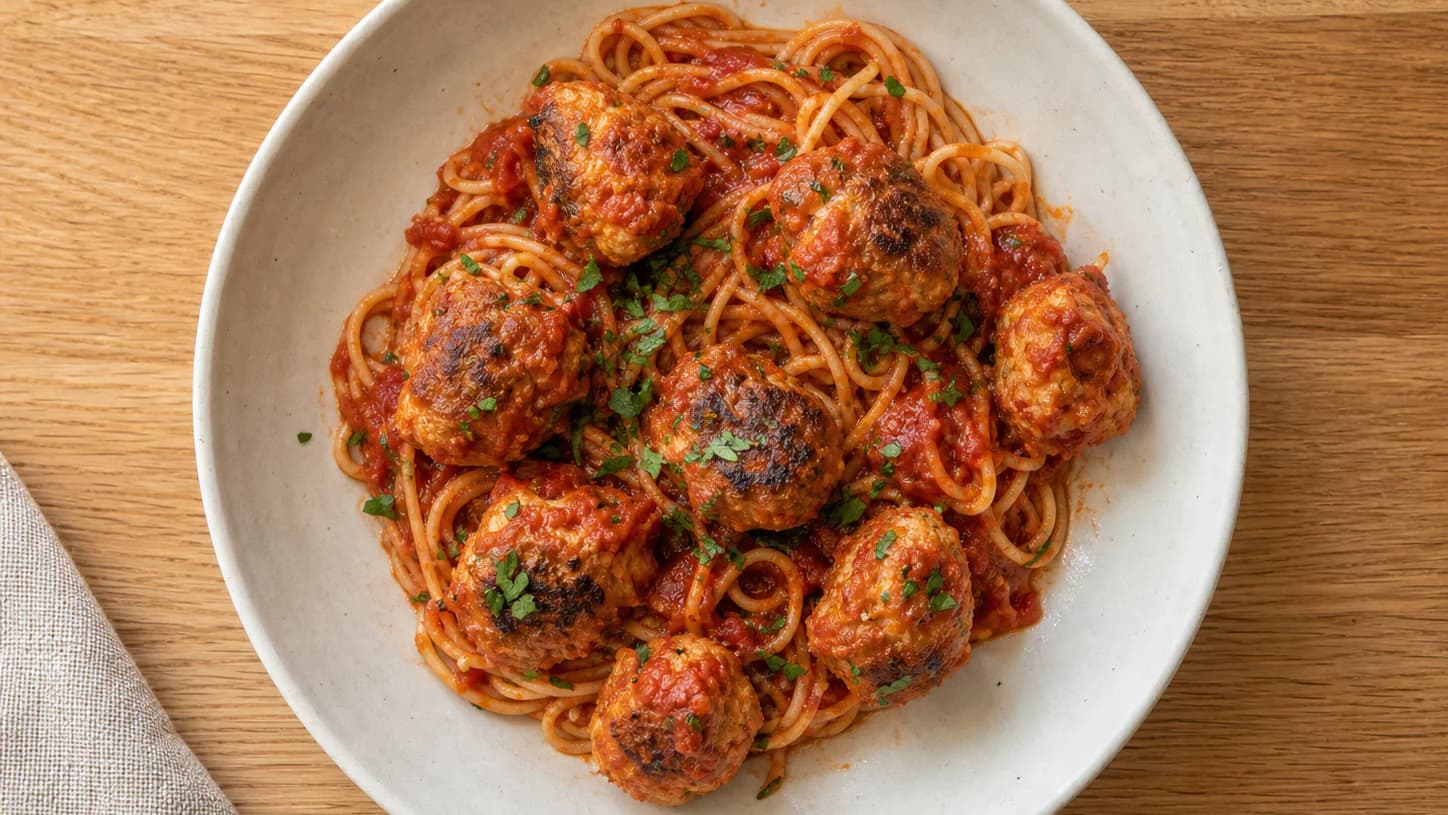 Spaghetti and marinara topped with browned baked chicken meatballs and parsley.