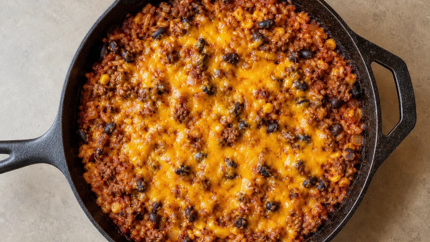 Overhead view of beef enchilada rice skillet, served as a family dinner.