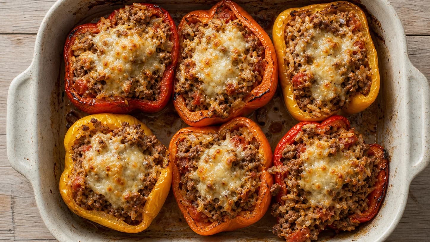 Overhead view of beef & rice stuffed peppers, served as a family dinner.