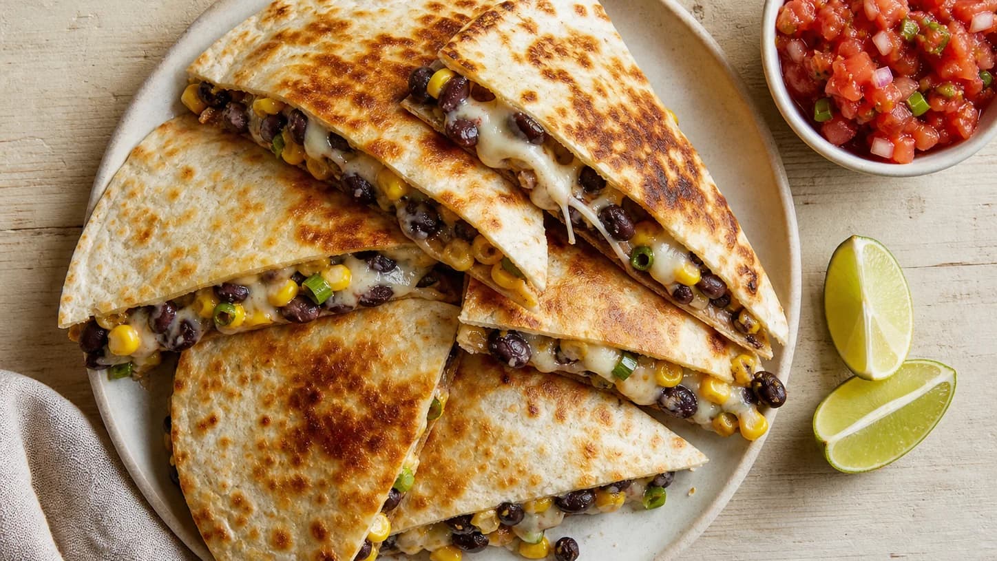 Overhead view of black-bean cheese quesadillas, served as a family dinner.