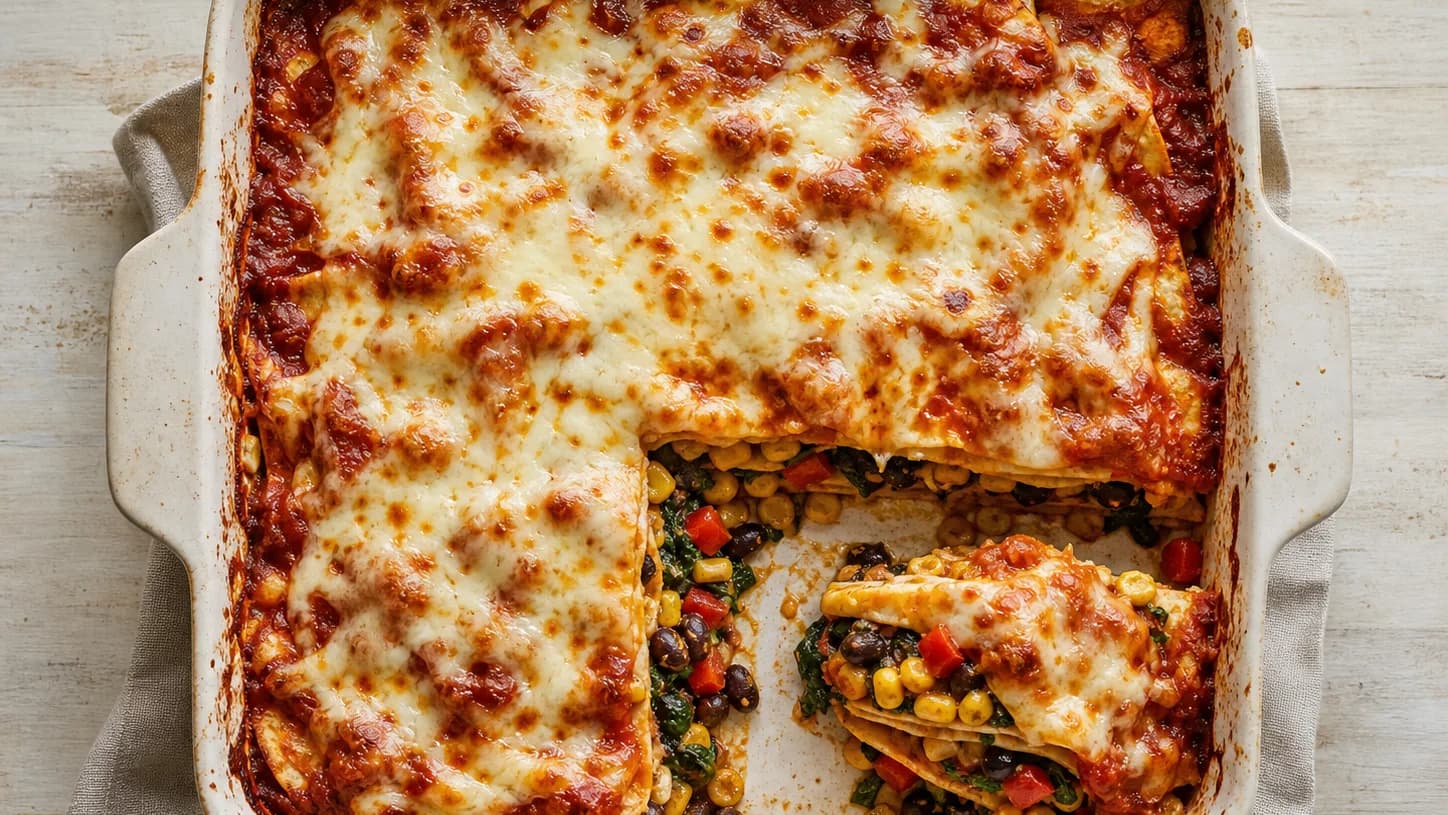Overhead view of black-bean corn enchilada bake, served as a family dinner.
