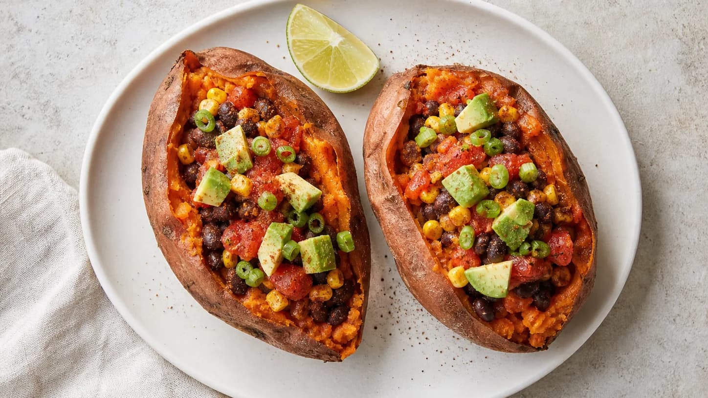 Overhead view of black-bean stuffed sweet potatoes, served as a family dinner.