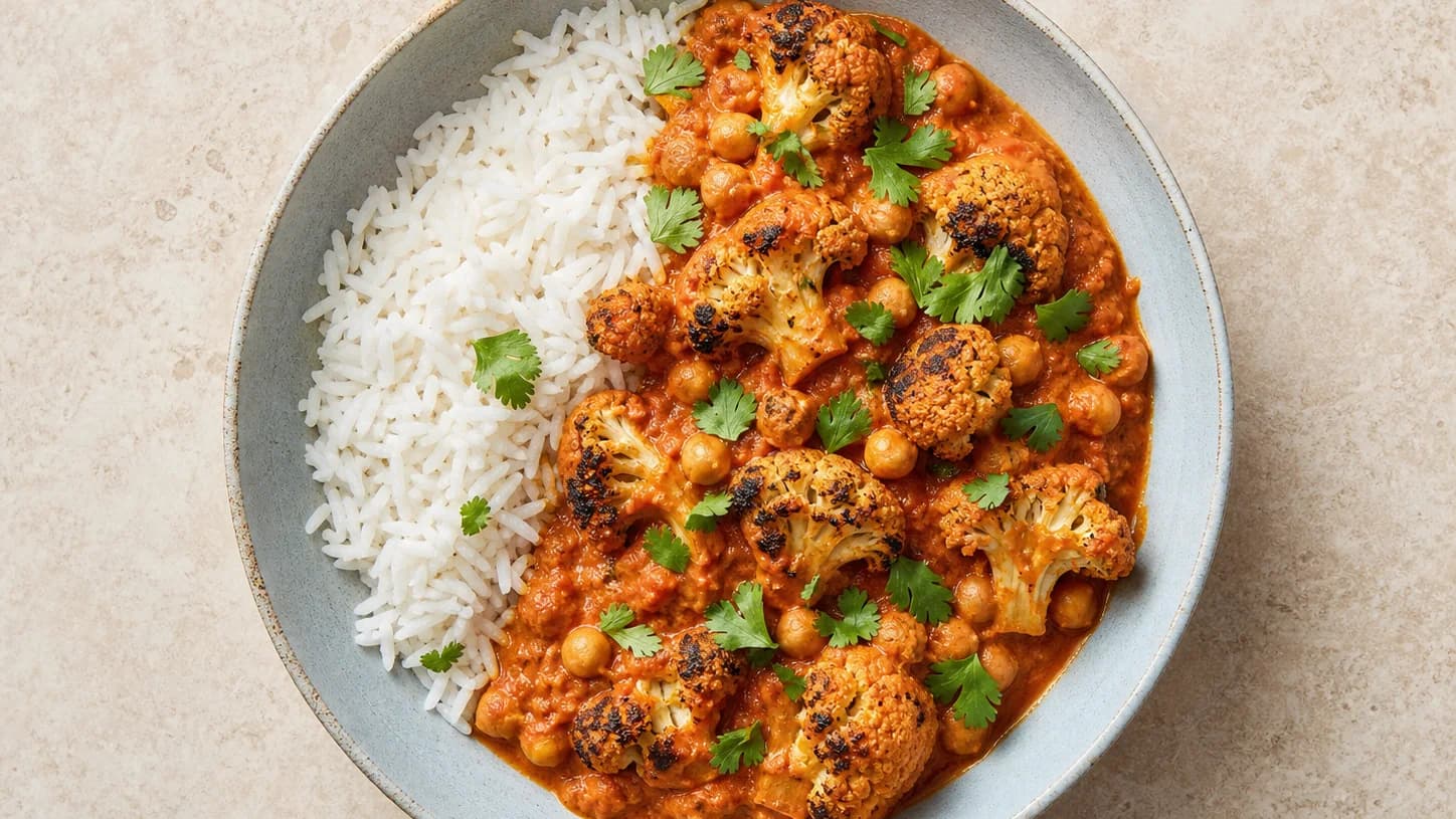 Overhead view of cauliflower-chickpea tikka masala & rice, served as a family dinner.