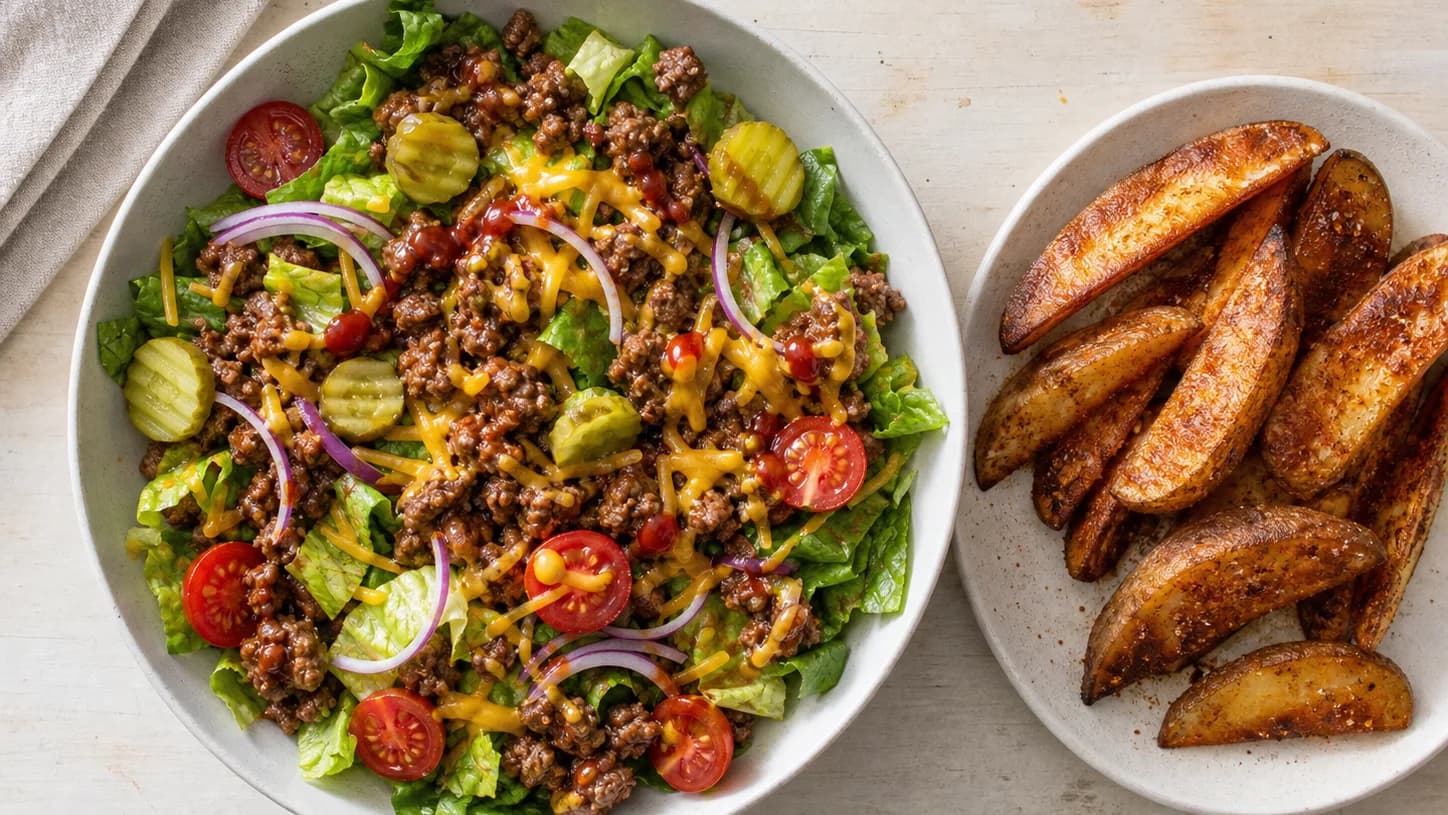 Overhead view of cheeseburger bowls & oven wedges, served as a family dinner.
