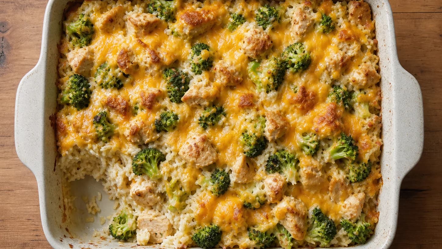 Overhead view of chicken-broccoli rice casserole, served as a family dinner.