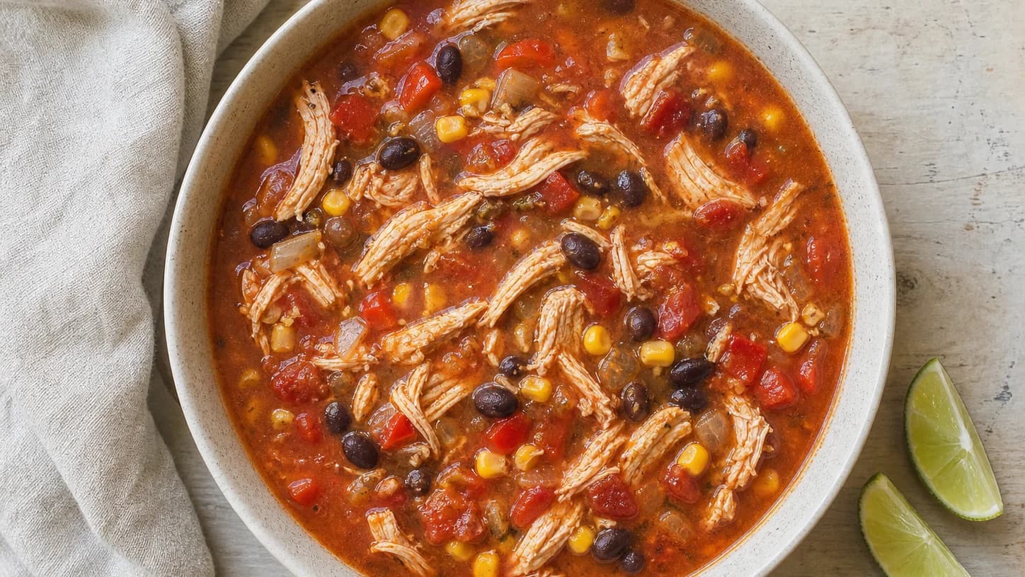 Overhead view of chicken taco soup, served as a family dinner.