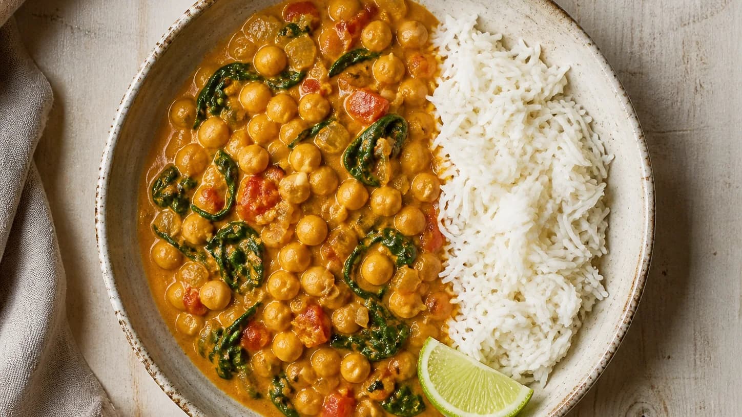 Overhead view of chickpea coconut curry & rice, served as a family dinner.