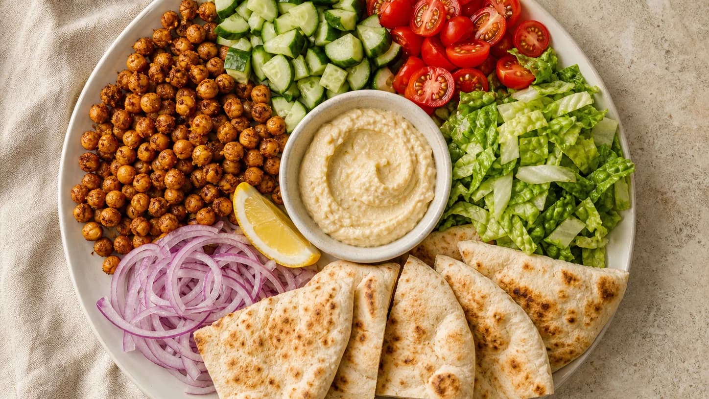 Overhead view of chickpea shawarma pita plates, served as a family dinner.