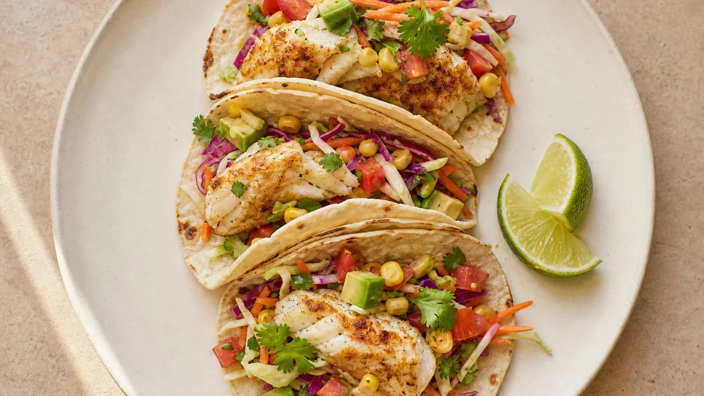 Overhead view of fish tacos & cabbage-corn salsa, served as a family dinner.