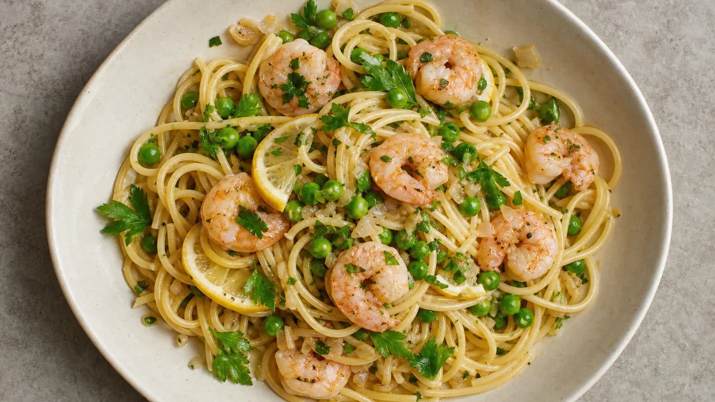 Overhead view of garlic shrimp spaghetti & peas, served as a family dinner.