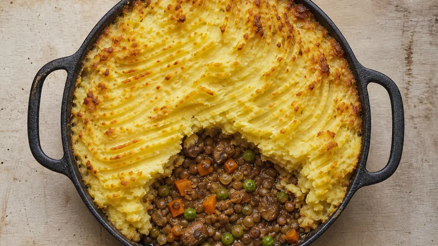 Overhead view of lentil-mushroom shepherd's pie, served as a family dinner.