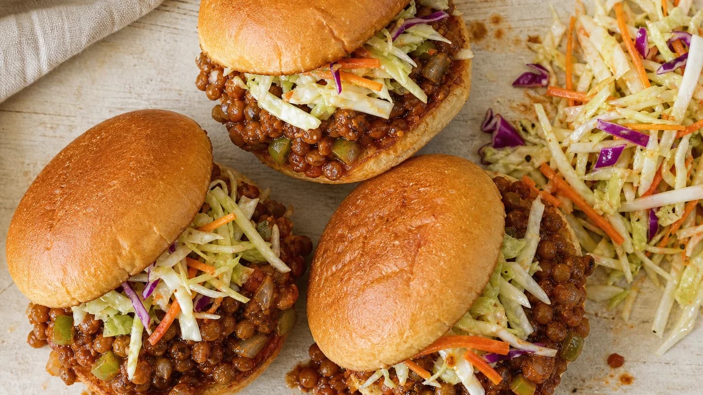 Overhead view of lentil sloppy-joe sandwiches & slaw, served as a family dinner.