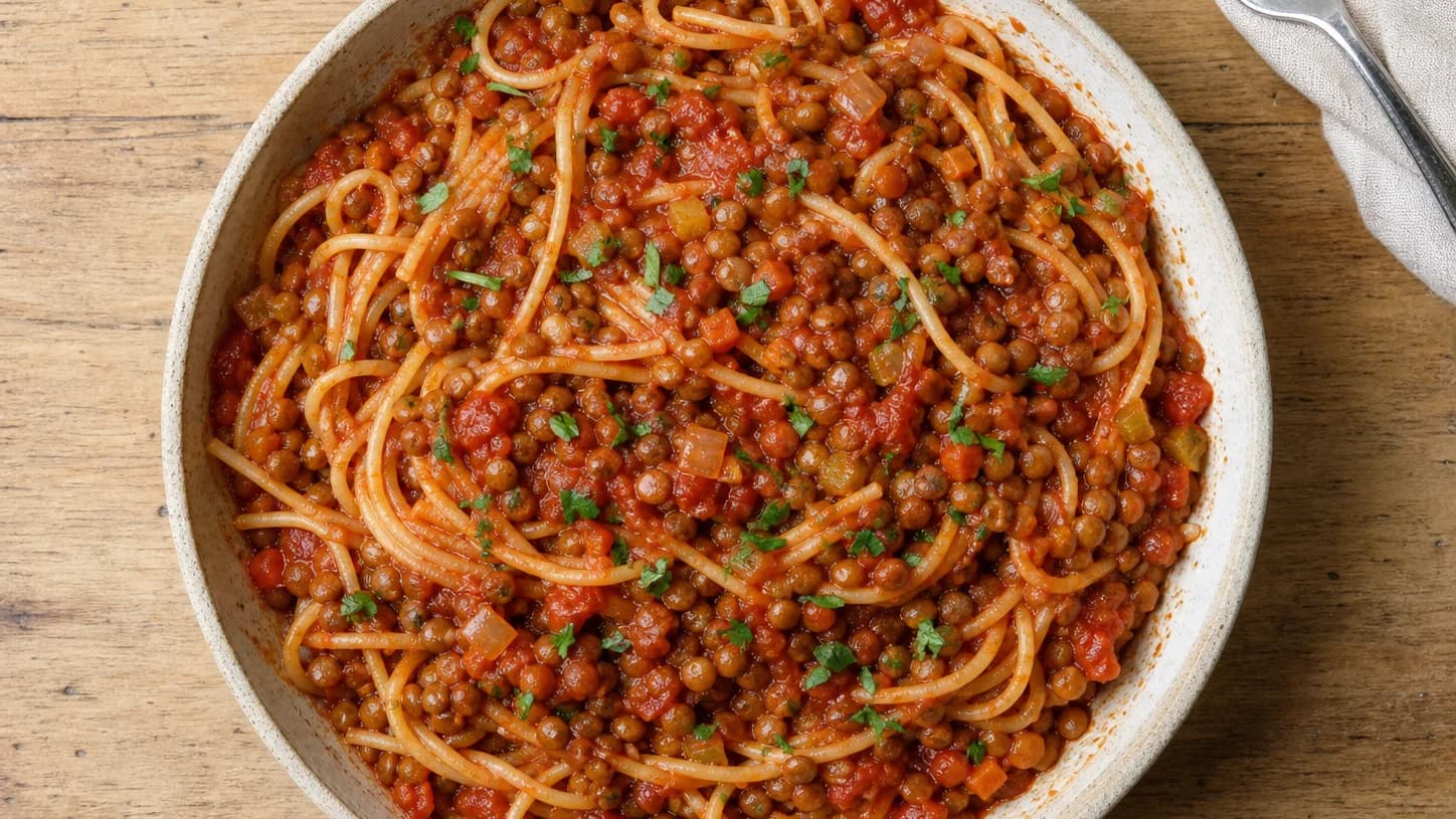 Overhead view of lentil tomato bolognese & spaghetti, served as a family dinner.